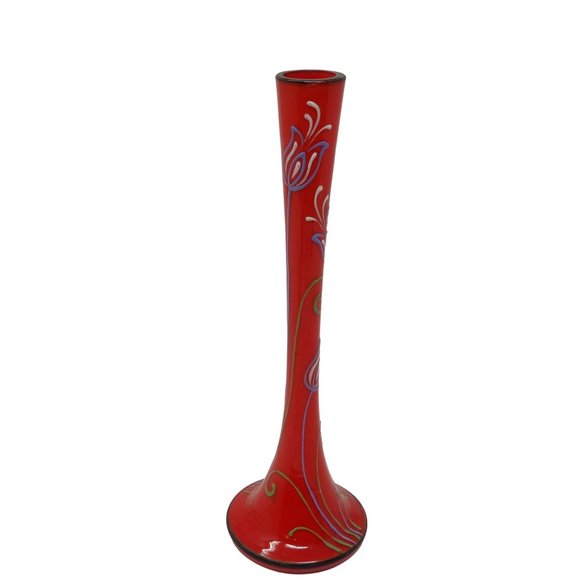 Vintage Hand Blown Red Glass Vase with Hand Painted Enamel Flowers & Cased Metal - Picture 3 of 10